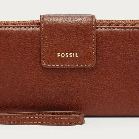 Fossil Madison Zip Clutch Leather Wallet w/ Wristlet Strap - Medium Brown - NWT - Picture 1 of 5